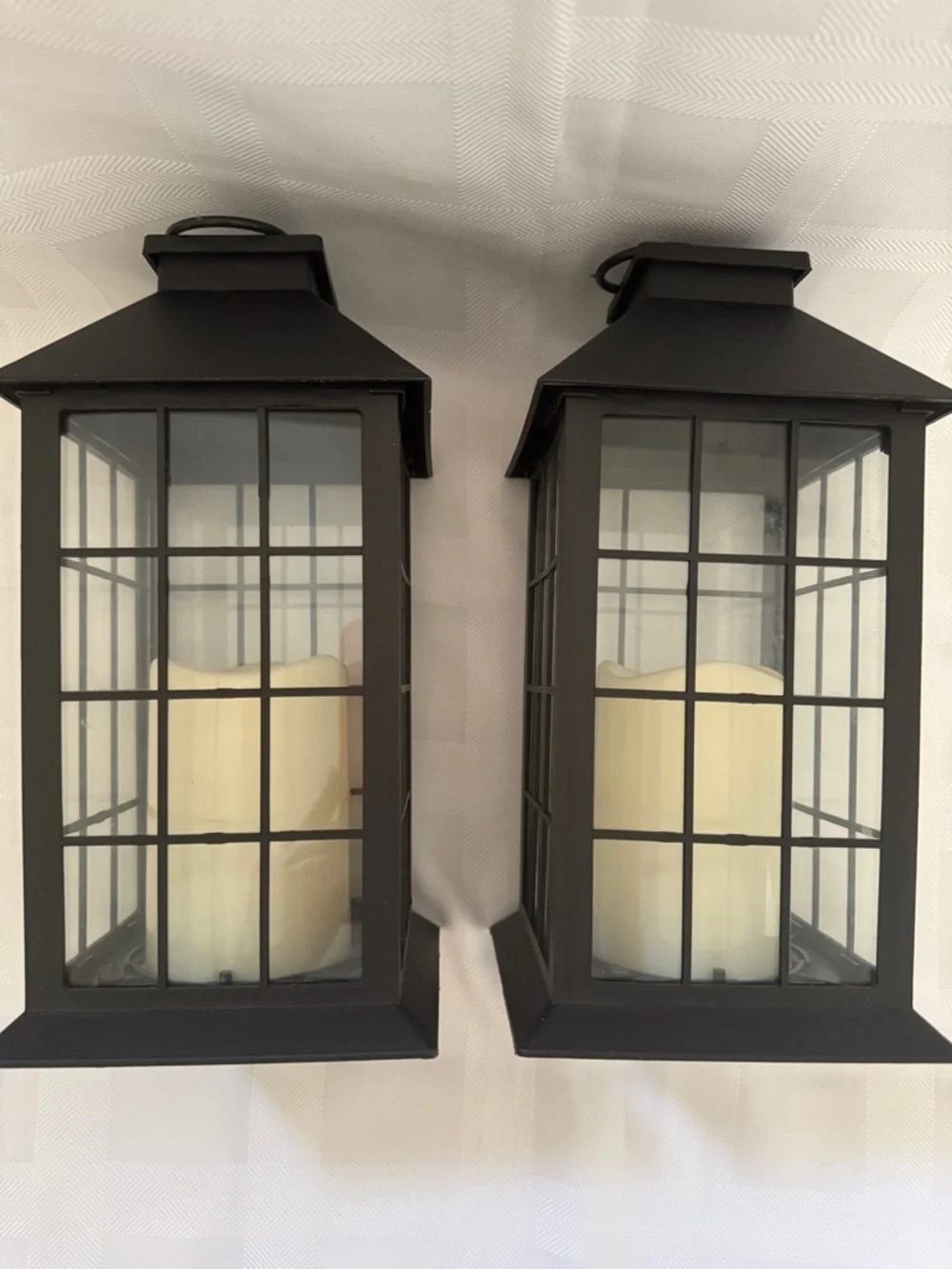 Black Plastic Wall Lanterns with Glass Warm LED Candles - Set of 2 with Timer